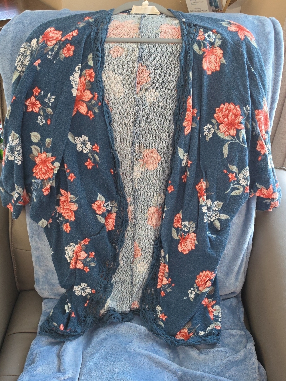 Floral Open-Front Cardigan Sweater - Blue with Coral Flowers